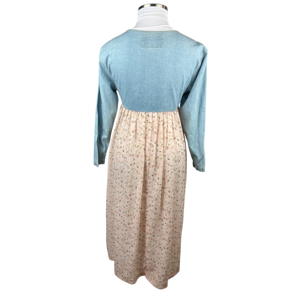 Vtg 90s Express Prairie Dress Denim Bodice Floral Maxi Cottagecore Coquette M - Picture 12 of 15